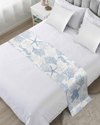Blue Grey Coastal Bed Runner for Full/Queen Size Bed, Bedspread Protector Slipcover Bed Scarf for Foot Bed Runners & Scarves for Bedroom Hotel Wedding Room 83x20 Sea Turtle Nautical Coral Summer Beach by Homechoid