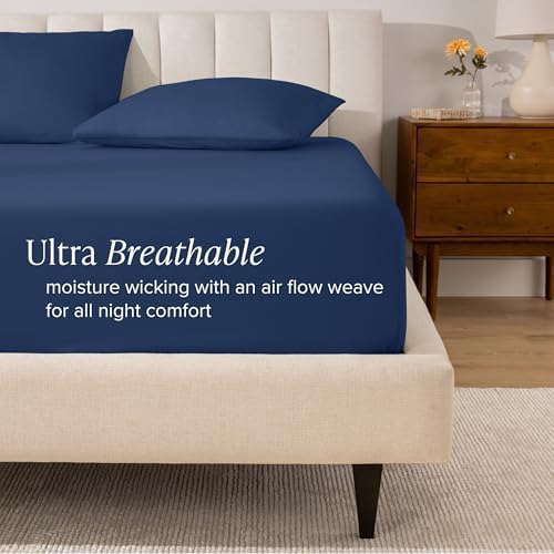 Bare Home 100% Organic Cotton Percale Fitted Sheet (Queen, Dark Blue) - Image 3