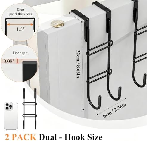FYY 2 PCS Over the Door Hooks, Heavy Duty Double Hanger with Non-Slip Pads, No-Drill Metal Hook for Hanging Coats Towels Robes Closet Bathroom Bedroom, Fits 1.5 Inch Door Thickness, 7.87" Long, Black - Image 4