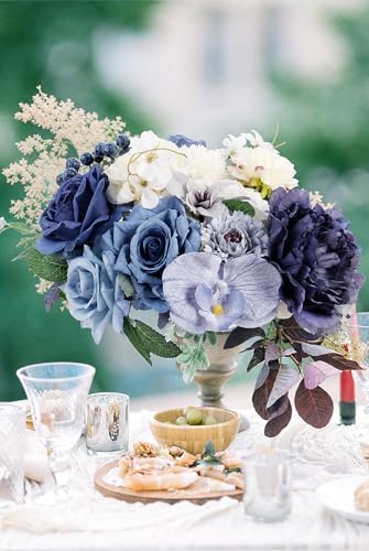 LELEE Fake Flowers Artificial Flowers Peonies Bulbous Daisy Rose Dusty Blue - Image 4