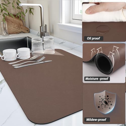 HotLive Dish Drying Mat for Kitchen Counter, Heat Resistant Drainer Mats with Non-slip Rubber Backed, Hide Stain Kitchen Super Absorbent Draining Mat, Easy to Clean Dish Rack Pad, Brown 16"x18" - Image 3