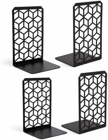 Geomod 3D Cube Black Metal Bookends Decorative for Heavy Books - Sturdy Boho Book Stops - Minimal Book Shelf Stopper - Durable Office Bookends - Weighted Metal Book Holders - 7x4.75 Inches - 2 Pair by Geomod
