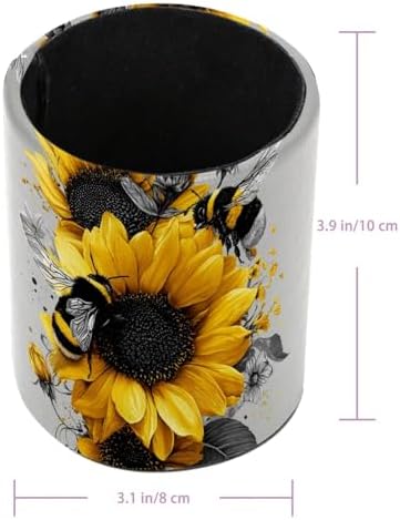 Faux Leather Pen Holder for Desk, Pencil Organizer Bee and Sunflowers Pen Cup Desk Decor Makeup Brush Holder Storage for Office Home - Image 3