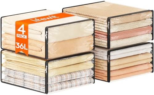 Lifewit 36L Clear Sheet Storage Bags with Zipper 4 Pack, Plastic Sweater Storage Bins for Clothing, Vinyl Foldable Clothes Containers Organizers for Closet, Blankets, Bedding 17.7 x 15.7 x 7.9 Inch by Lifewit