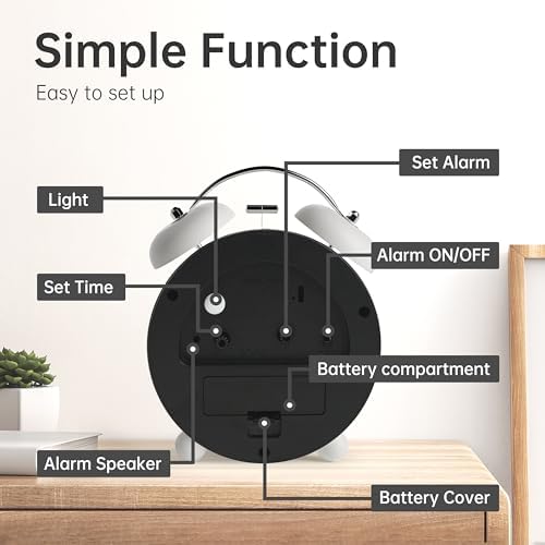 Twin Bell Loud Alarm Analog Alarm Clock, 4 inch Super Silent Non Ticking Small Clock with Night Light, Battery Operated, Simple Design, Old Fashioned, for Heavy Sleeper, Bedroom, Bedside, Desk, White - Image 6