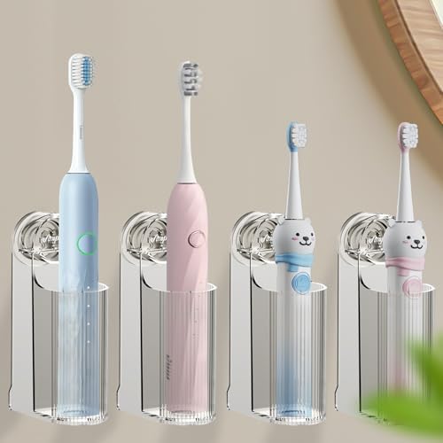 4 Pack Electric Toothbrush Holders for Bathroom, Wall Mounted Clear Electric Toothbrush Organizer, Self Adhesive Bathrooms Toothbrush Storage for Shower, Saving Space and Keep Drying (Grey) by MdakeGo