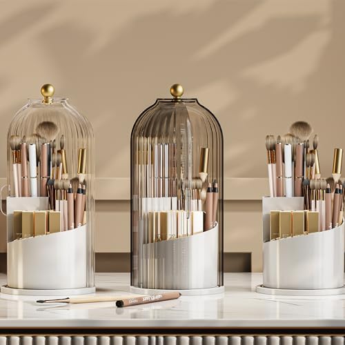 Dustproof Toothbrush Holder with Lid, 360 Rotating Countertop Electric Toothbrush Toothpaste Holders with Cover for Bathroom, 3 Slots Makeup Brush Holder with Lid for Vanity, Clear Grey - Image 6