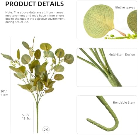 Artificial Eucalyptus Stems Fake Flowers Eucalyptus Garland 18.5"Artificial Plants Indoor Artificial Greenleaf Laurel Leaves For Home Decor Fake Leaves Outdoor Wedding Decor (Gray green)4pcs - Image 2