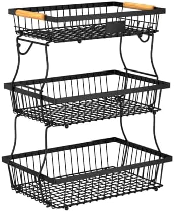 3 Tier Fruit Basket for Kitchen Counter with 2 Banana Hangers, Countertop Metal Fruit Bowl with Wooden Handle, Large Storage Stand for Vegetables, Snacks, Breads, Produce Storage – Black by Unknown