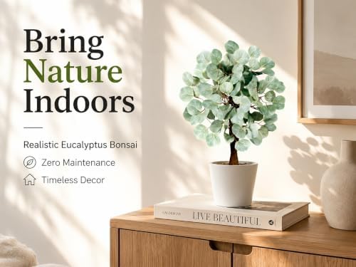 Faux Eucalyptus Stems Bonsai Tree in Pot, Artificial Plants Indoor 15 in - Image 2