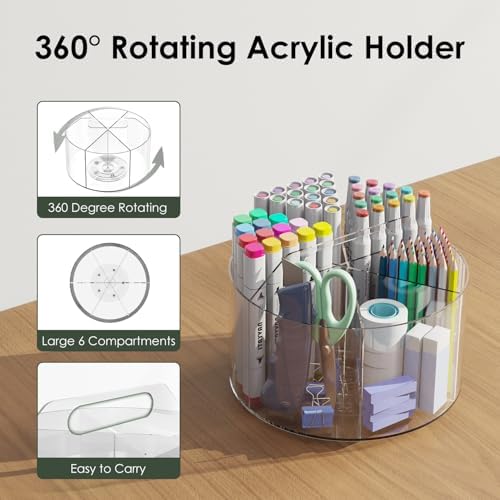 Desk Pen Holder, 360 Degree Acrylic Rotating Pencil Organizer for Kid Crayon Marker, Office Supply Accessory Organizer Rotating Organization for Desktop, Kitchen, Makeup, Vanity - Image 3