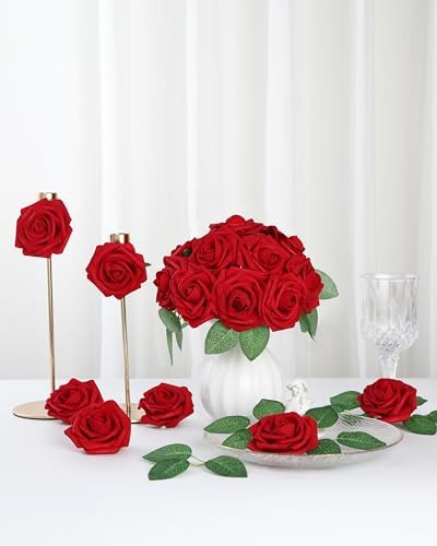 DuHouse 50Pcs Artificial Flowes Foam Roses Real Touch with Stems(Dark Red) - Image 6