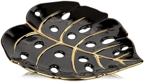 Ceramic Leaf Shaped Decorative Tray, Black Gold Monstera Leaf Plate 12.6"x11" for Jewelry, Keys, Snack, Candle Holder, Modern Table Centerpiece Home Decor - Image 4