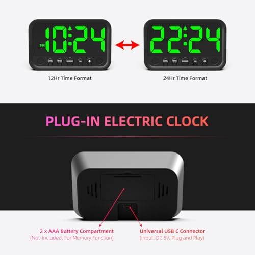 Small LED Digital Clock for Bedroom, Loud Alarm Clock for Heavy Sleepers Adults, Teens | Plug-In Electric Desk Clock | Simple Bedside Nightstand Clock with Adjustable Volume/Brightness/Snooze – Green - Image 4