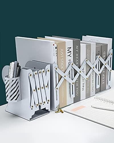 MSDADA Adjustable Bookends, Metal Book Ends for Heavy Books, Expandable Book Organizer with Pen Holder for Desk, Shelf, Office, The First Day of School Stationery Gift for Students,Teachers (White) - Image 3