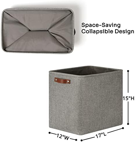DULLEMELO Large Collapsible Storage Basket/Bin with Sturdy Leather Handles, Fabric Organizer Bin for Storage Clothes, Toys, Books, Office, Bedroom, Closet, Nursery & Laundry (Gray) - Image 2