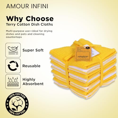AMOUR INFINI Dish Cloths for Washing Dishes Set of 8 - Highly Absorbent, Super Soft Kitchen Dishcloths - Reusable Quick Dry Dish Rags for Cleaning & Drying Kitchen Linens (12x12 Inch - Yellow) - Image 3