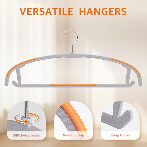 Yolife Plastic Clothes Hangers 50 Pack with Non-Slip Pads, 17.5" L × 8.3" H Heavy Duty Hanger with 360° Swivel Metal Hook, Slim Space Saving Hangers for Closet Organizer, Gray & Orange - Image 3