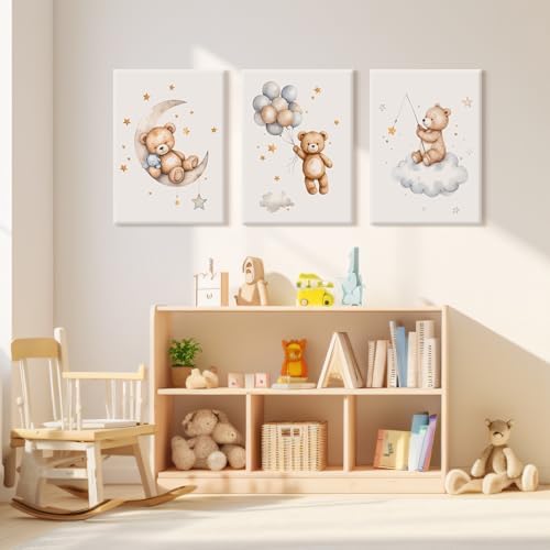 Teddy Bear Nursery Wall Art Decor Baby Boy Girl Room Poster Vintage Nursery Canvas Wall Decor Toddler Kids Room Pictures Cute Bear Neutral Artwork for Bedroom Playroom 12x16x3 Inch Wrapped Canvas - Image 4