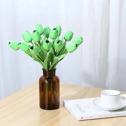 SITUMEIZI 15pcs Green Tulips Fake Artificial Flowers Real Touch 14" PU Flower for St Patricks Day Home Decor Easter Spring Wedding Bouquet Decorations Mother's Gift Day Floral Arrangements - Image 4