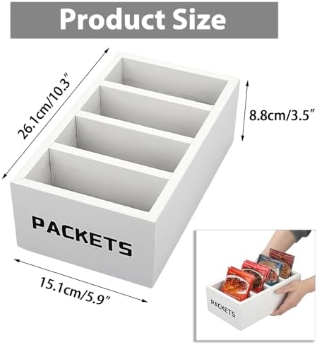 BSTKEY Seasoning Packet Organizer, Food Packet Storage Organizer with 4 Compartments, White Wooden Storage Caddy for Kitchen Pantry Cabinet, Farmhouse Kitchen Organization Bins for Snack Spice Packets - Image 2