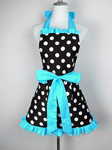 Hyzrz Cute Apron Retro Black Polka Dot Retro Ruffle Side Vintage Cooking Aprons with Pockets for Women Girls (Side Blue) - Image 3