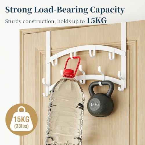 Consumest Over the Door Hooks Organizer - 2 Tier Door Hanger with 14 Hook Heavy Duty Stainless Steel for Towels, Coats, Jackets & Bags, Towel Rack for Bathroom Bedroom, Fits Up to 1.77" Doors, White - Image 4