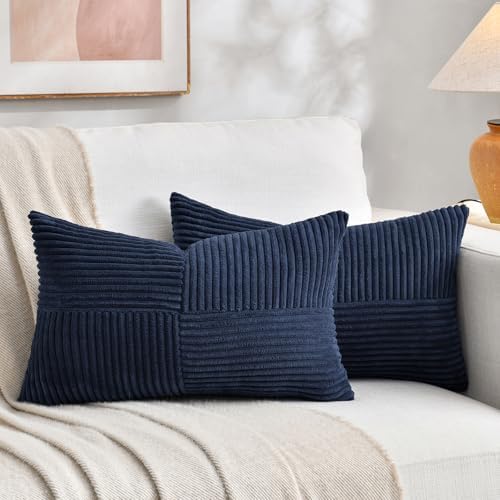 Fancy Homi 2 Packs Navy Blue Lumbar Decorative Throw Pillow Covers 14x22 Inch for Living Room Couch, Rustic Farmhouse Boho Home Decor, Soft Striped Corduroy Rectangle Accent Cushion Case 35x55 cm by Fancy+Homi