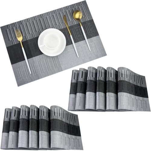 PIGCHCY Vinyl Placemats Set of 12 Washable Durable Kitchen Place Mats Easy to Clean Plastic Placemats for Dining Table (Black) by PIGCHCY