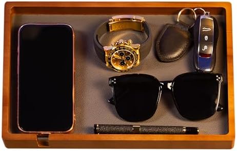Shinpuru Wooden Valet Tray for Men, Nightstand Organizer with Leather Inlay, EDC Essentials Catchall Tray for Keys, Phone, Wallet, Watch, Earbuds - Bedside Desk Entryway Tray (Wood-Full) by SimplicityinEverydayLife