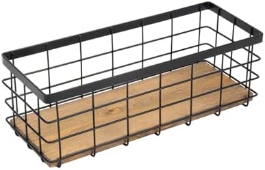 TIEYIPIN Farmhouse Small Metal Wire Storage Basket Bin, Rustic Home Storage Organizer with Wooden Bottom for Kitchen, Cabinets, Bathroom Counter, Pantry, Garage, Laundry Room - Black by TIEYIPIN