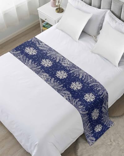 Navy Blue Christmas Bed Runners for Cal King Size Bed, Winter Snowflake Decorative Bed Throws for Foot of Bed, Xmas Botanical Bed Runner Sofa Throw Bedding Scarf Protector Slipcover for Bedroom/Hotel by DecorLovee
