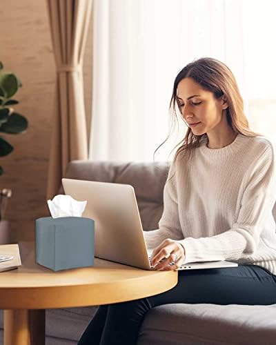 Tissues Cube Boxes Cover Leather – with Bottom Belt [JESMINI, Dark Pastel Blue] Stylish Leather Tissue Cube Box Holder Decorative for Bathroom Vanity Countertop/Night Stands/Office Desk - Image 2