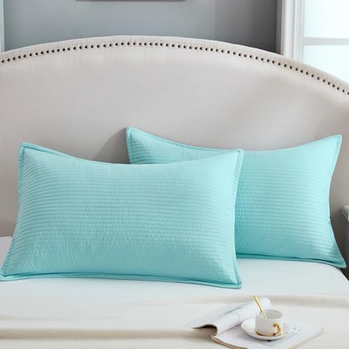 Stripe Quilted Pillowcases Set of 2, King Size Envelope Pillow Covers Soft Breathable Pillow Shams for Bed Couch (Aqua, 20"x36") by Uhamho