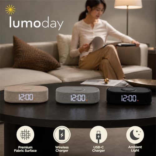 Fabric Digital Alarm Clock for Bedroom, Wireless Charging, Beige - Image 3