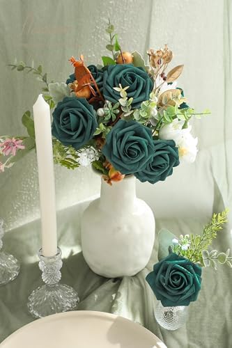 Floroom Artificial Flowers 25pcs Real Looking Peacock Green Foam Fake Roses with Stems for DIY Wedding Bouquets Bridal Shower Centerpieces Floral Arrangements Party Tables Home Decorations - Image 2