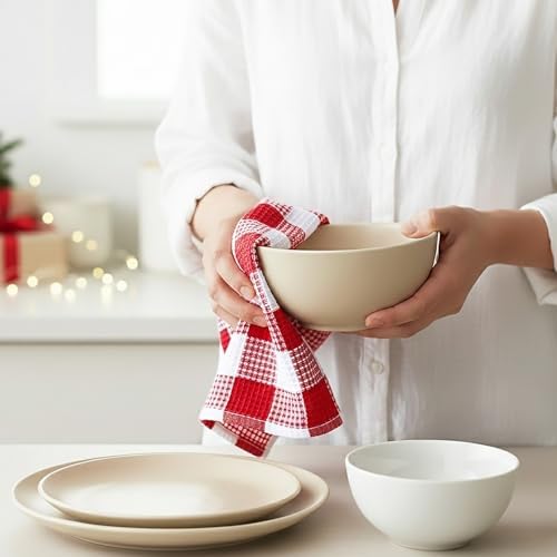 Waffle Weave Plaid Dish Cloth, DishTowel 15x25"Set of 6 - Red & White - Image 4