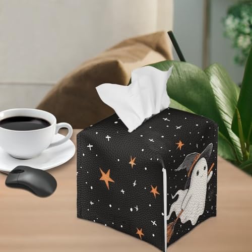 Halloween Black Cute Ghost Tissue Holder Faux Leather Square Tissue Box Covers Soft Folding Easy to Clean Decorative Bathroom Accessory Tissue Box Organizer for Table, Desk, or Countertop - Image 4