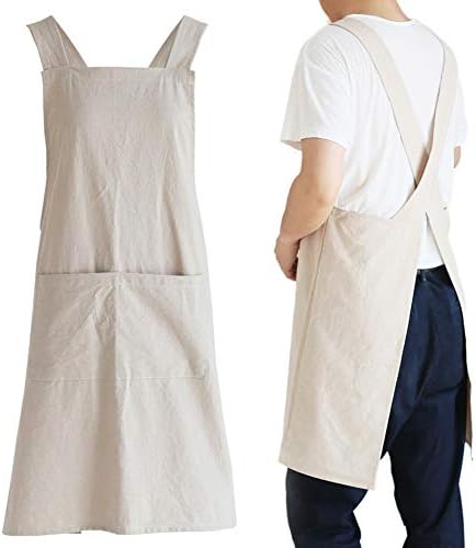 NEWGEM Japanese Cotton Linen Cross Back Cooking Apron for Women Men with Pockets Cute for Baking Kitchen by NEWGEM