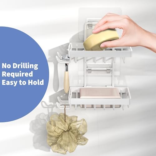 Moforoco White Double Soap Bar Holder for Shower, No Drilling, 304 Rustproof Stainless Steel, Wall Mounted Soap Holder with 4 Hooks and Razor Holder, Shower Rack Soap Tray Bar Soap for Bathroom - Image 3
