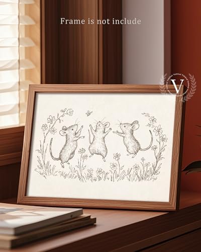 Vodefoad Mouse Sketch Vintage Wall Art Retro Nursery Dancing Mice Art Print Neutral Cottagecore Nursery Decor Farmhouse Rustic Mice Wall Decor for Gallery Nursery Bedroom Bathroom Office - 8x10Inch Unframe - Image 2