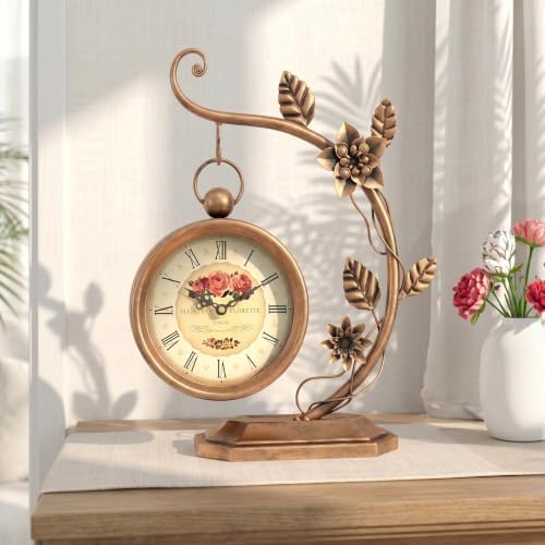 Floral Plant Desk Clock, Vintage Gold Table Clock with Leaf Pattern, Silent Non-Ticking Battery Operated Decorative Shelf Mantel Clock for Living Room Bedroom Home Decor Gift for Women by VIVIFLYSE