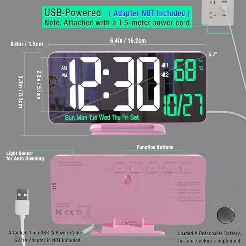 KOSUMOSU Pink Digital Clock 6.7in Desk Clock with Dual Alarm Clock, Dimming, 12/24h, Date, Day of Week, Temp, Digital LED Clock, Alarm Clock for Table, Digital Calendar Table Clocks for Bedrooms - Image 5