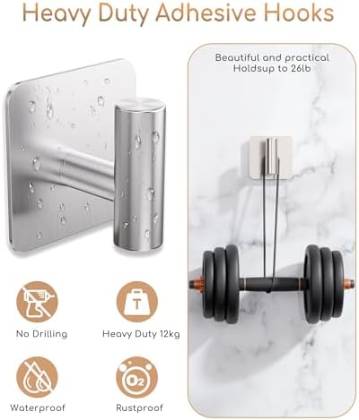 Aikzik 4 Pack Large Heavy Duty Wall Hooks - 26lb Max, Stainless Steel Adhesive Towel Hook, Shower Hooks for Hanging Towel, Coat, Robe, Wall Hook for Use in Bathroom, Kitchen and Door - Image 6