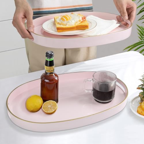 MAONAME Pink Decorative Tray Set of 2, Oval Serving Tray with Handles - Image 5