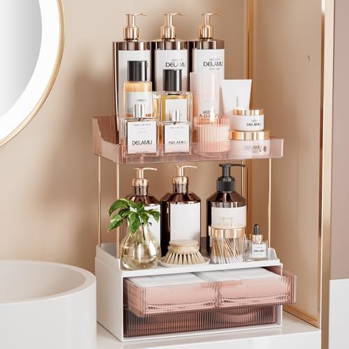 Delamu 4-Tier Makeup Organizer, Bathroom Counter, 2 Drawers, Grapefruit by DELAMU