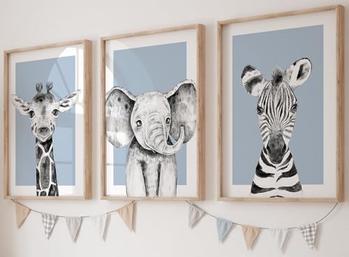 Safari Animals Baby Girl Boy Set of 3 Nursery Unframed Prints, Bedroom Decor Wall Art Posters, Black and White Elephant Giraffe Zebra, Blue Background (11x14) by EviepopsPrints