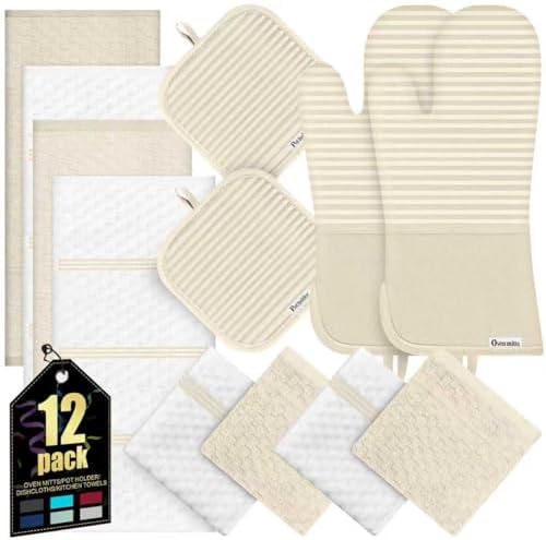 Oven Mitts Kitchen Towels and Dishcloths with Pot Holders Sets, Oven Gloves Hot Pads 500°F Heat Resistant with Silicone Grip, Include 2 Cooking Gloves/2 Potholders/4 Kitchen Towels/4 Dish Towels by KacNacPro