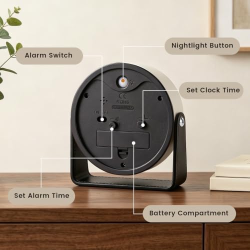 Analog Alarm Clock - 4.5" Silent Non Ticking Small Clock with Light, Rotatable Stand Metal Desk Clock Battery Operated, Simple Design for Living Room Decor/ Bedroom/Bedside/Shelf (Black & White) - Image 7