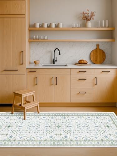 Hazo Haus Boho Bathroom Runner 2x7 - Cream Green Oushak Floral Turkish, Washable Low Pile Non Slip Stain Resistant Small Accent Rug for Kitchen, Hallway - Image 6
